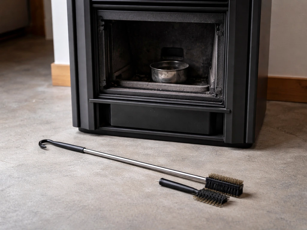 Cooled wood-pellet heater with poker/scraper tools nearby, safe clear area around the burn chamber.
