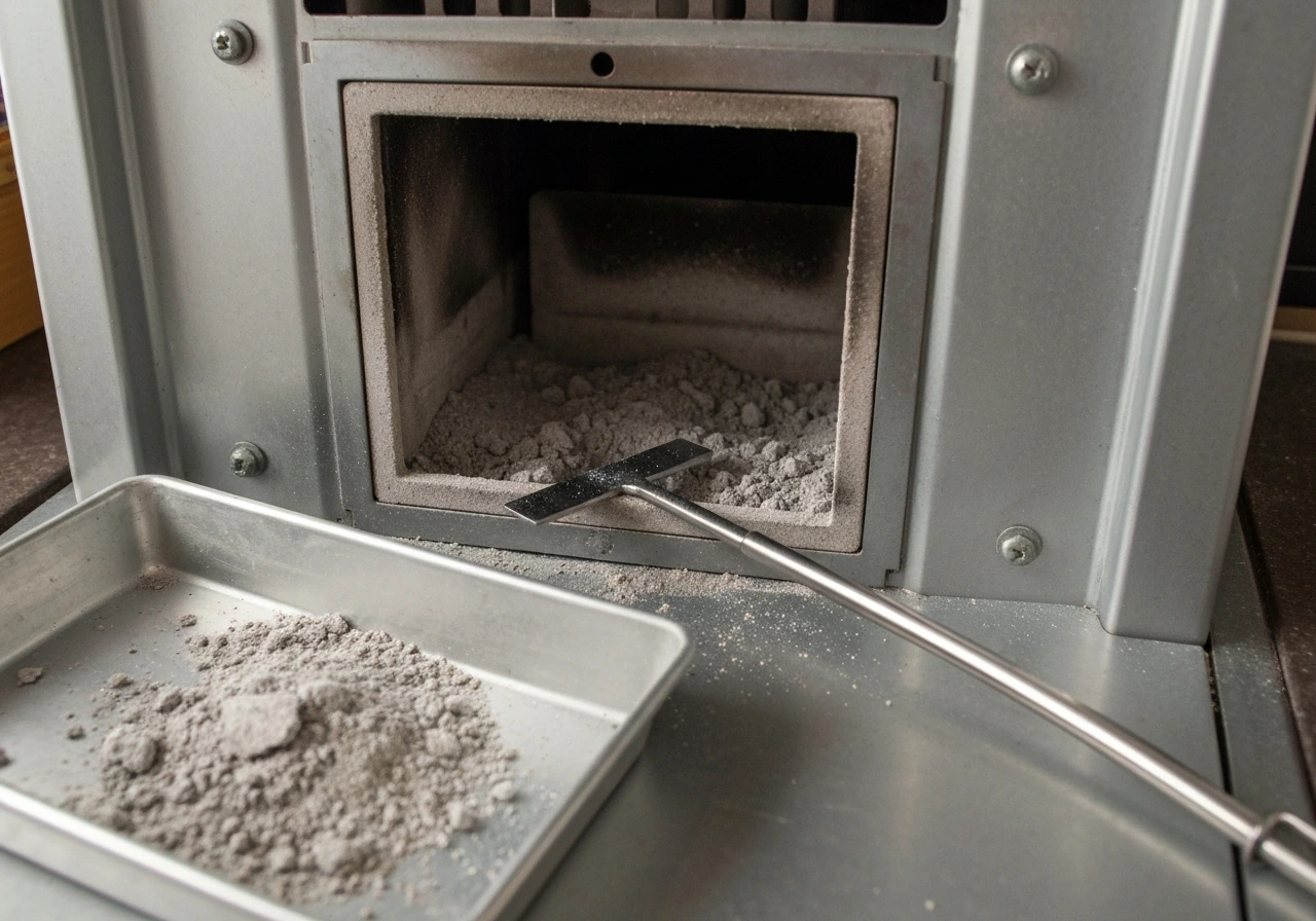 Close-up of cleaning ash from a heater burn chamber intake area using a poker and ash tray