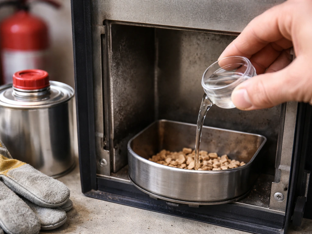 Cap-full of white spirit being poured into an unlit pellet burner chamber over wood pellets.