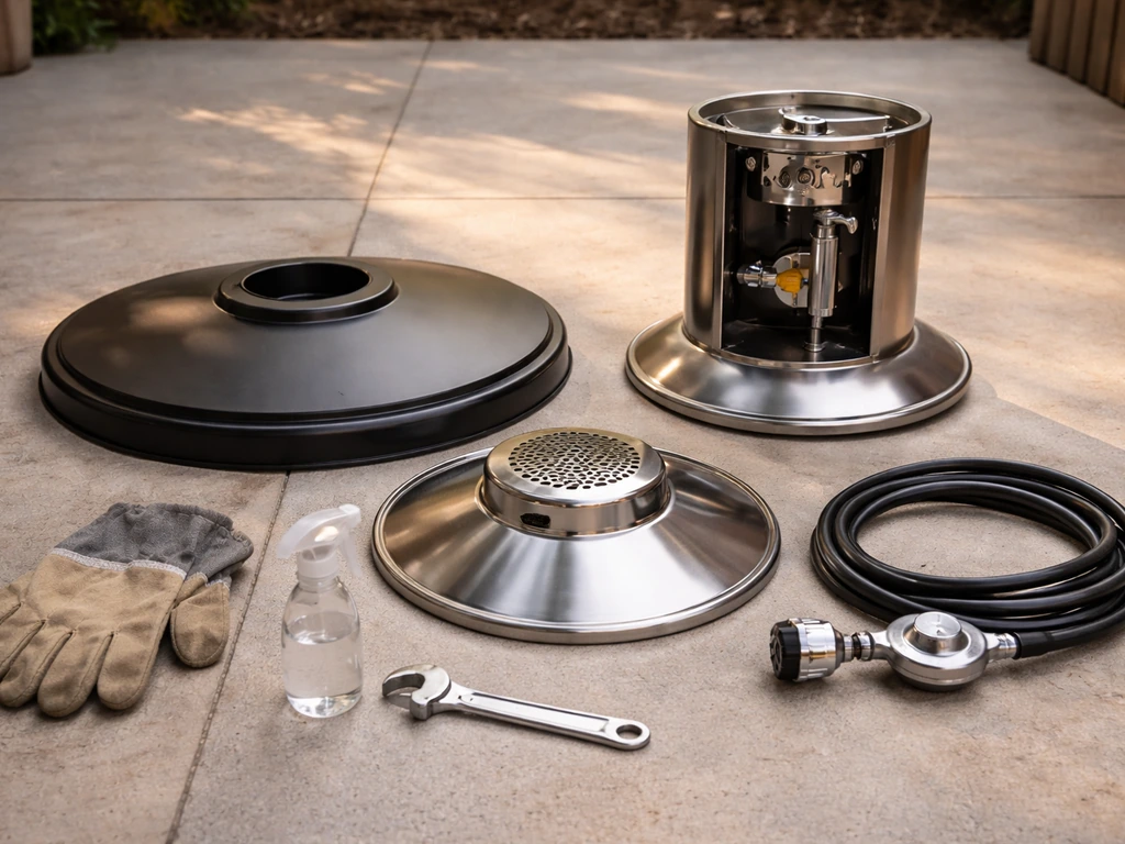 Patio heater gas model parts and regulator/hose laid out outdoors for assembly and leak-check steps