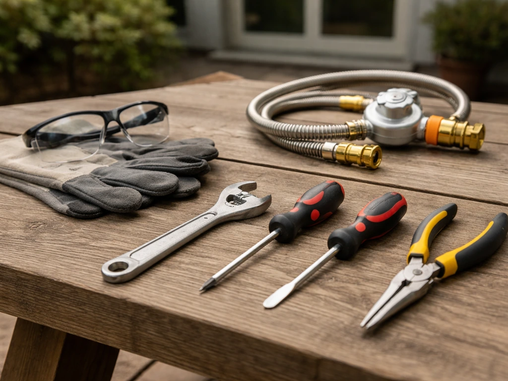 Adjustable wrench, screwdrivers, and pliers on a table with gas heater parts and outdoor safety gear