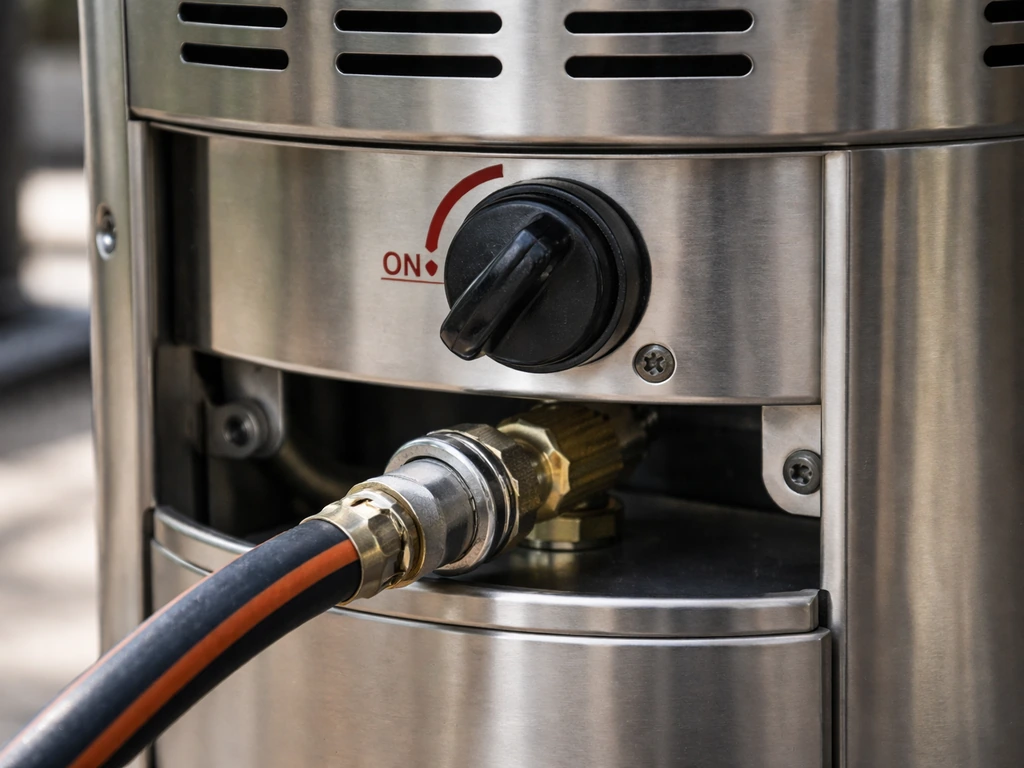 Close-up of an outdoor patio heater’s gas knob and inlet hose routing, showing correct knob orientation
