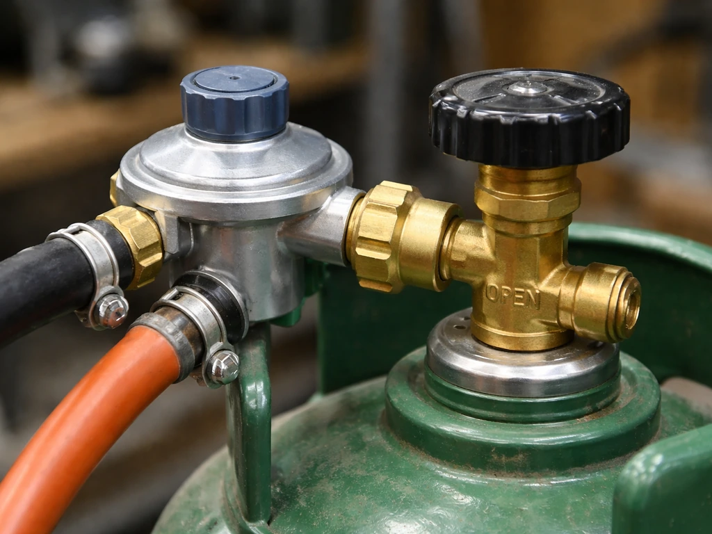 Closeup of a gas cylinder valve and regulator connection with hoses properly seated and valve fully open.