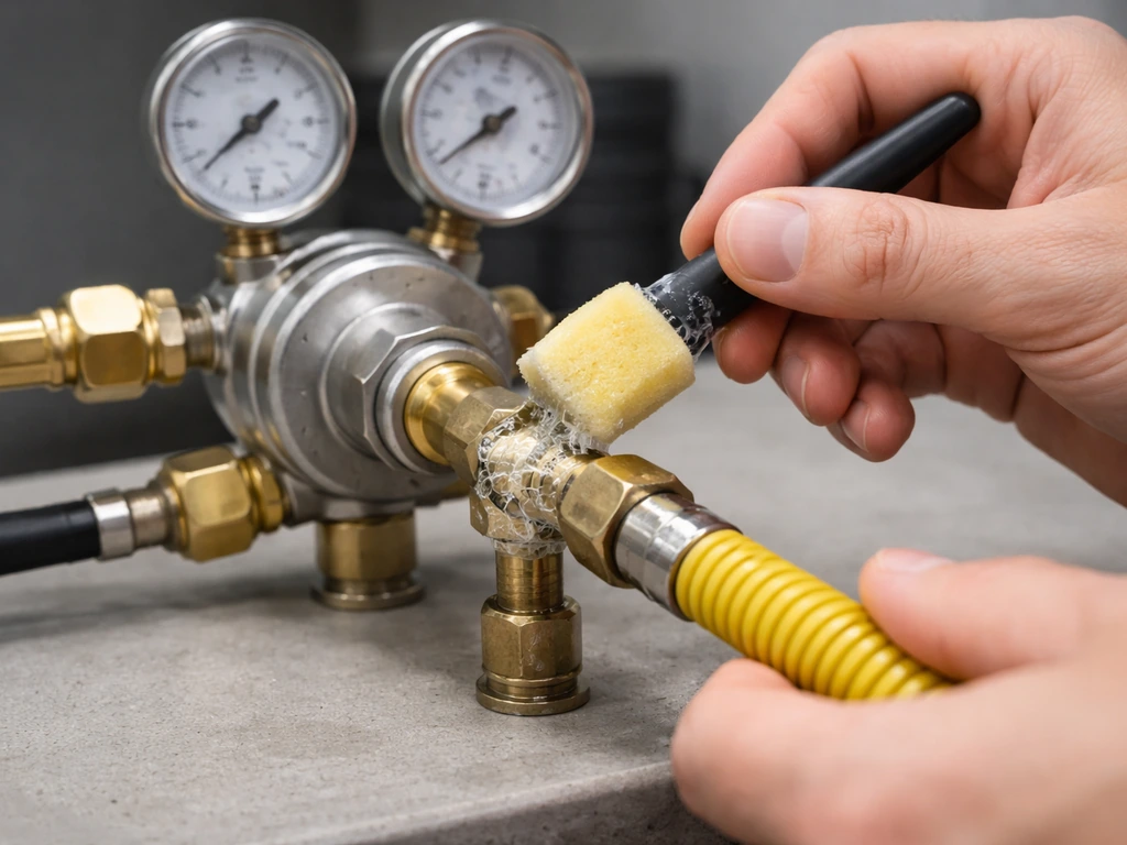Hands brushing soapy water on a gas regulator connection where small bubbles indicate a leak test.