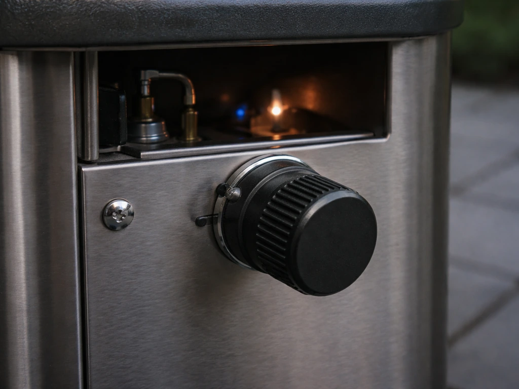 Close-up of a patio propane heater control knob and pilot ignition area, suggesting it shuts off when knob is released.