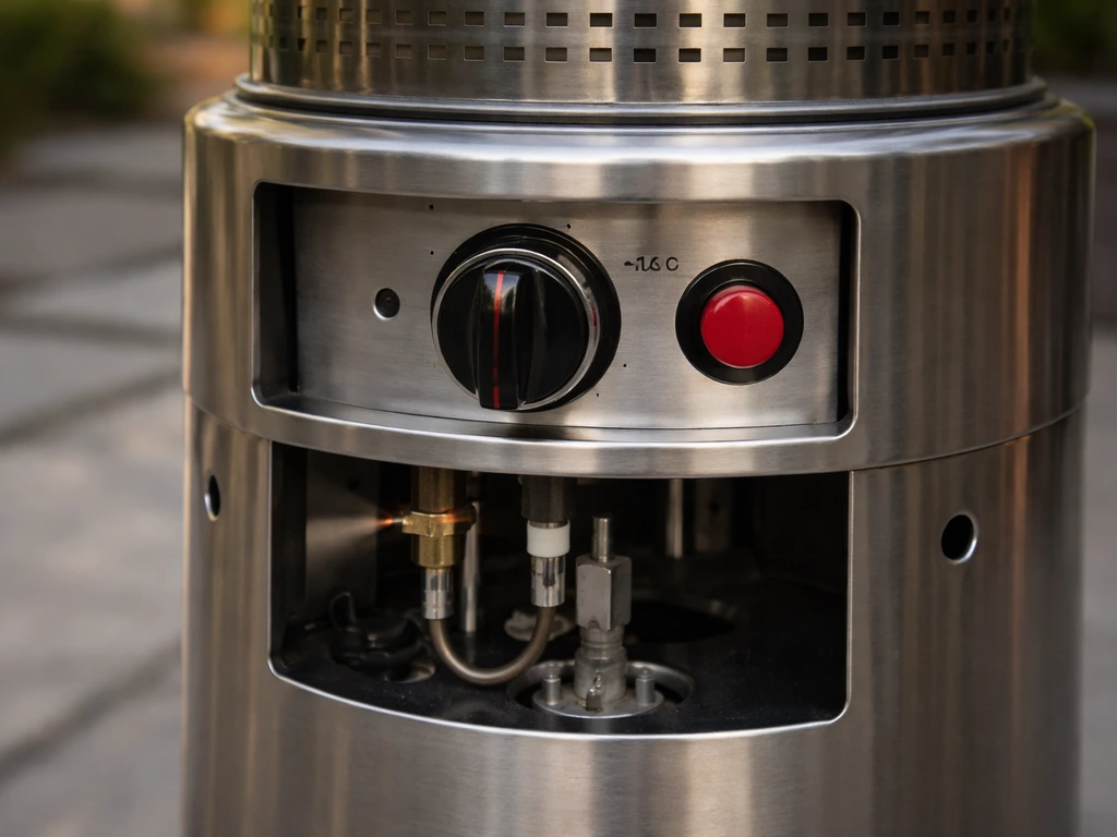 Close-up of a freestanding propane patio heater control knob and ignition area, showing standing-pilot style hardware.