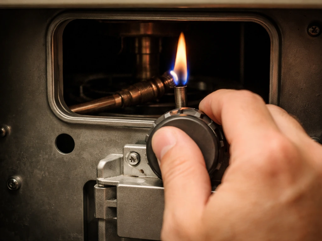 Hand holding a gas knob while a steady blue pilot flame with a small yellow tip touches the thermocouple.