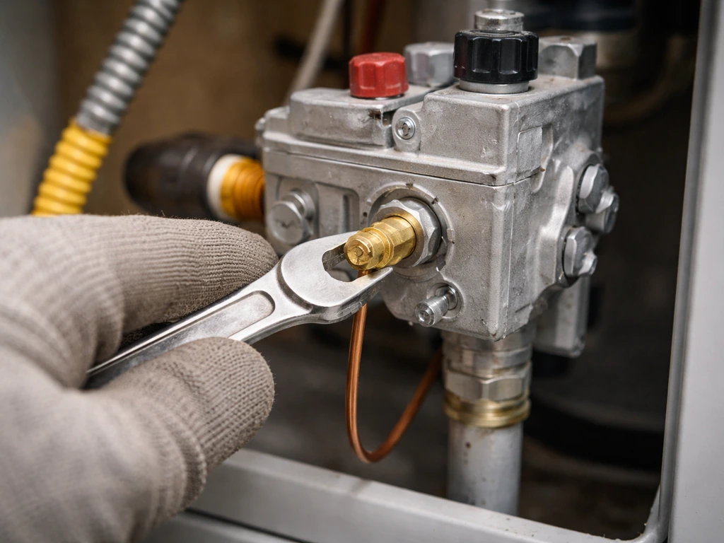 Hand tightening the threaded thermocouple connection on a gas control valve with gas off