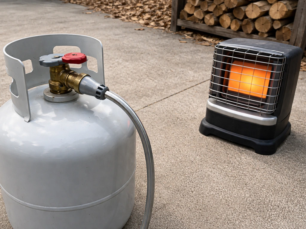 Outdoor propane heater with gas cylinder valve set to OFF and heater moved away from flammables