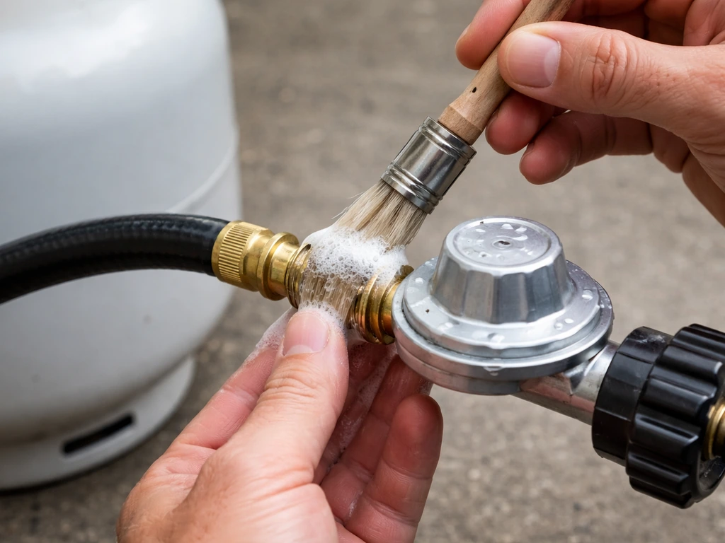 Hands brushing soapy water on propane hose and regulator fittings to check for gas leaks