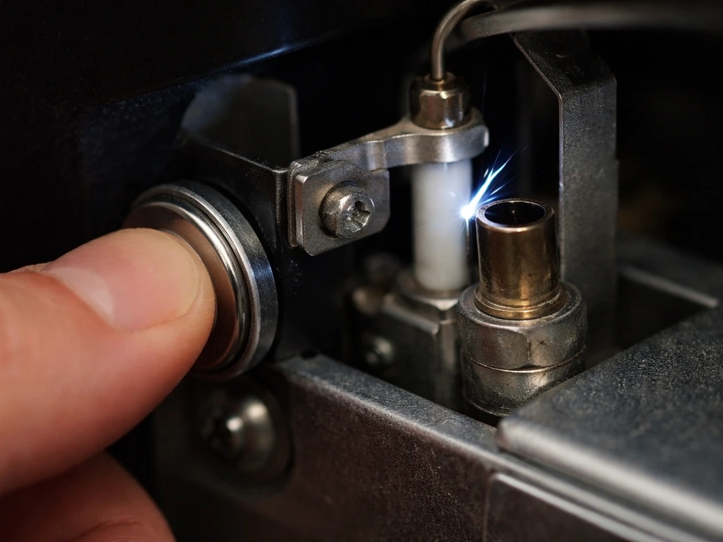 Close-up of a thumb pressing a piezo igniter button with the electrode/pilot tip visible in dim light.