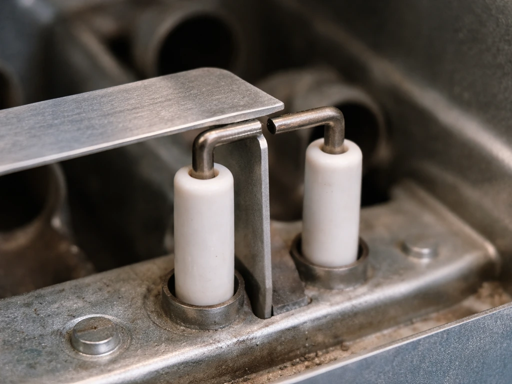 Close-up of a technician using a small feeler gauge to measure a gas burner ignition electrode gap near 3–5 mm