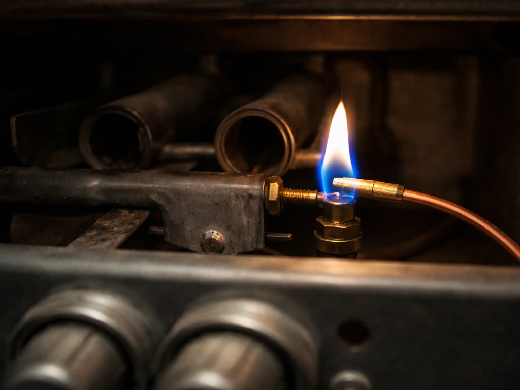 Gas burner pilot flame wrapping the thermocouple tip inside a furnace, burner viewed at height