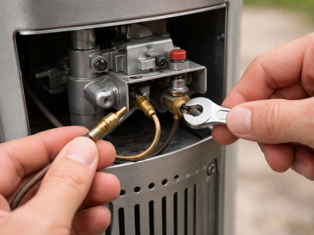 Hand removing an old thermocouple from a patio heater gas valve connection with a wrench visible