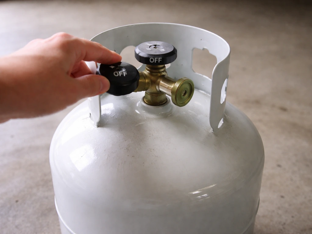 Propane tank with control knob set to OFF and shutoff valve closed in a garage.