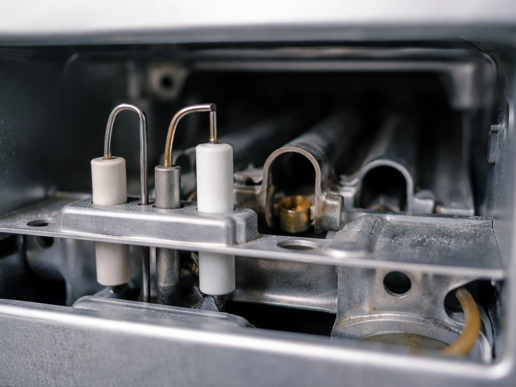 Close-up of a gas heater burner showing igniter tip, electrodes, and pilot area for troubleshooting.
