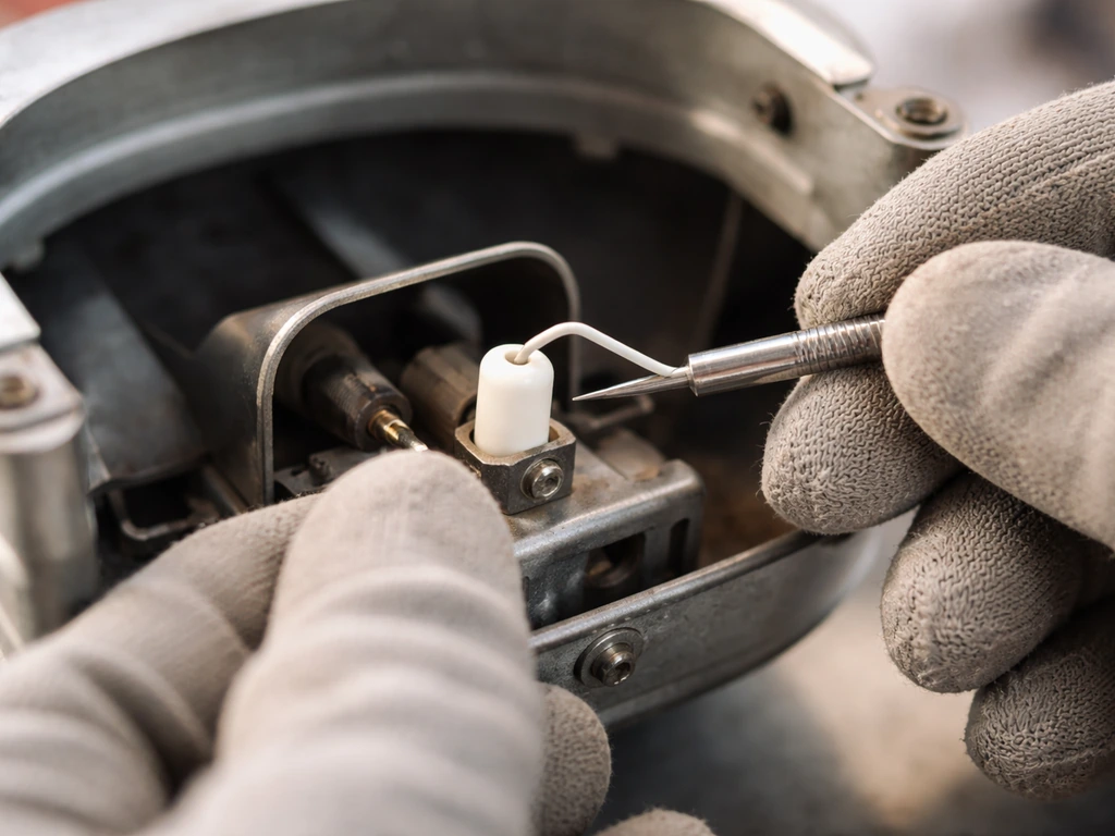 Closeup of a technician’s gloved hands inspecting a gas igniter electrode tip inside a heater burner area.
