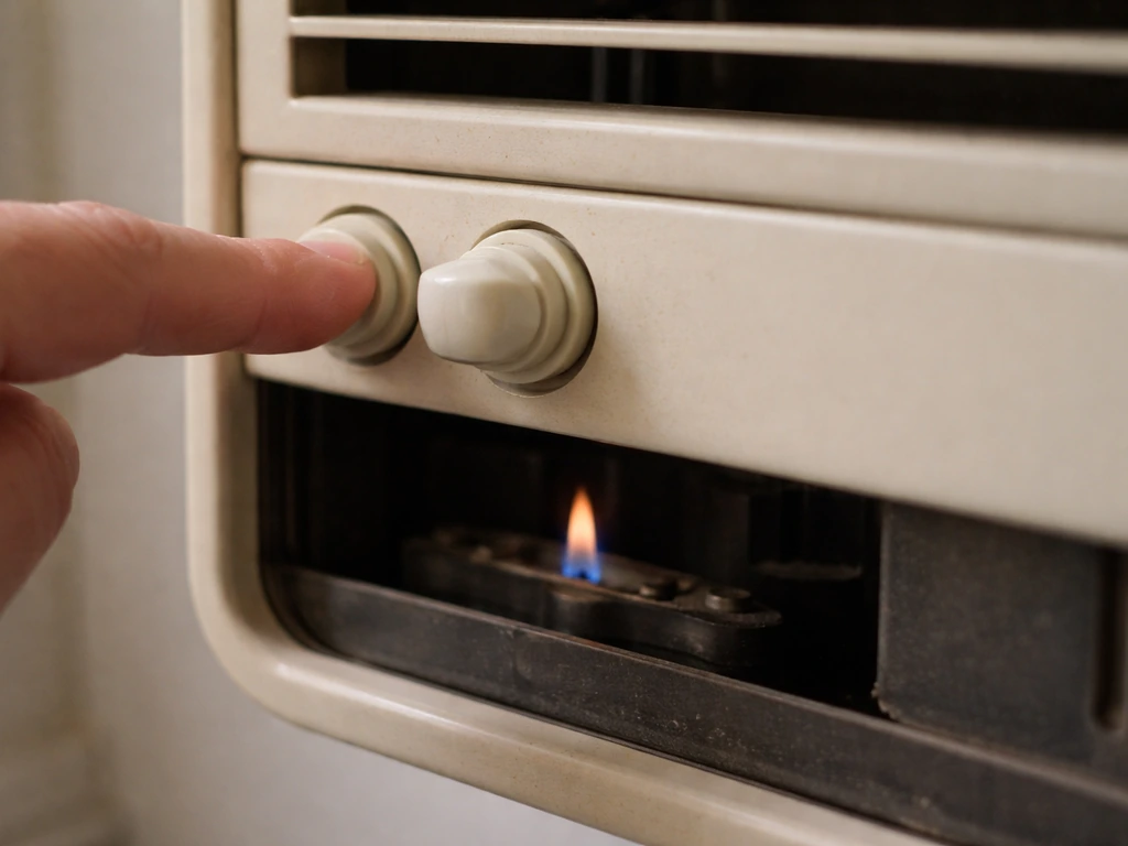 Hand holding a gas heater control knob while a small pilot flame burns inside the burner area.