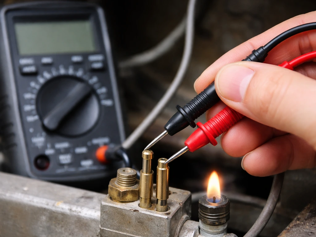 Hand probing exposed thermocouple leads with a multimeter near a small pilot flame, set for DC millivolts.