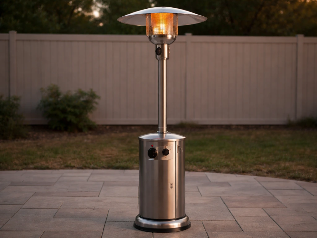 Propane patio heater with visible control panel in a quiet outdoor patio setting, ready to use.