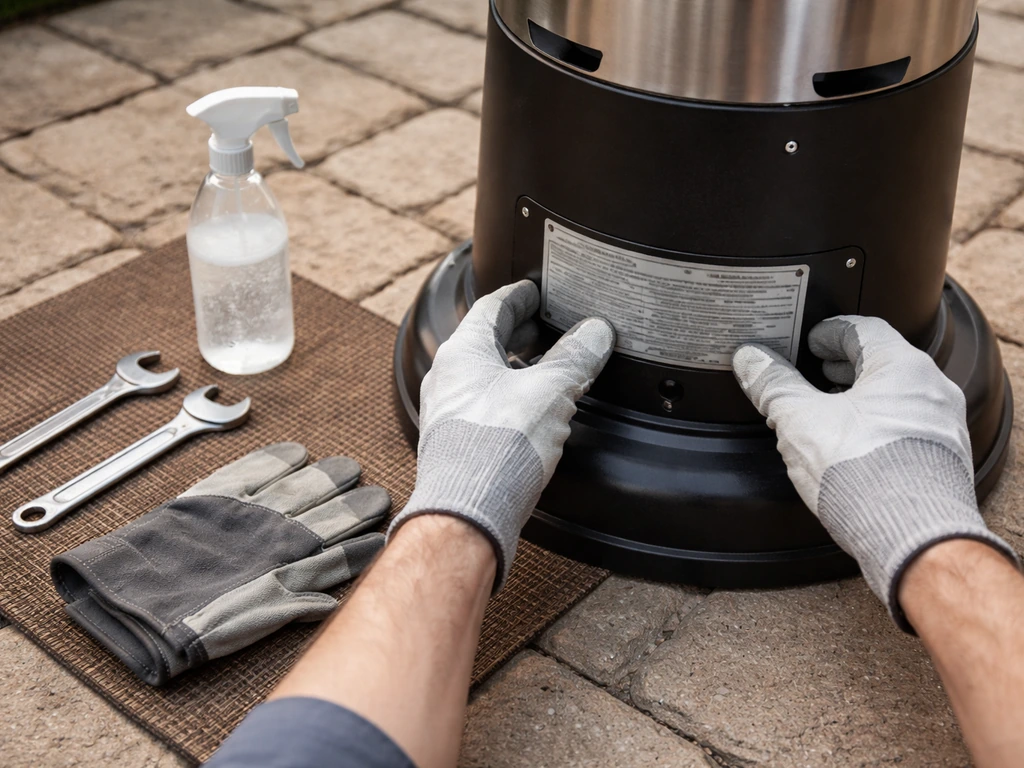Outdoor propane heater with gloves and tools laid out, label area inspected and soapy leak-test bottle ready.