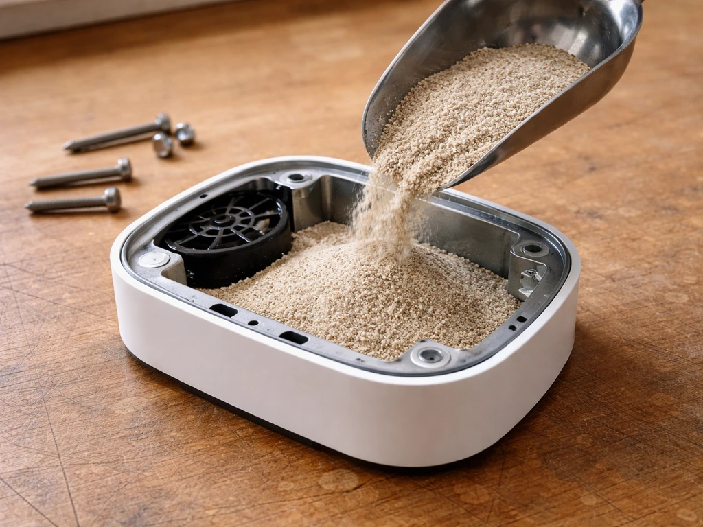 Close-up of a heater base being filled with sand ballast after removing screws and nuts.