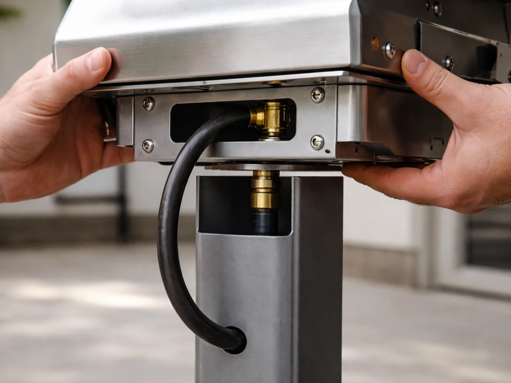 Close-up of a technician mounting the grill head onto the upper post with the gas hose routed correctly.