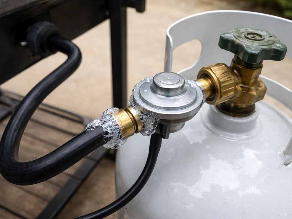 Soapy solution bubbles at propane regulator and hose connection while tank valve is slightly open