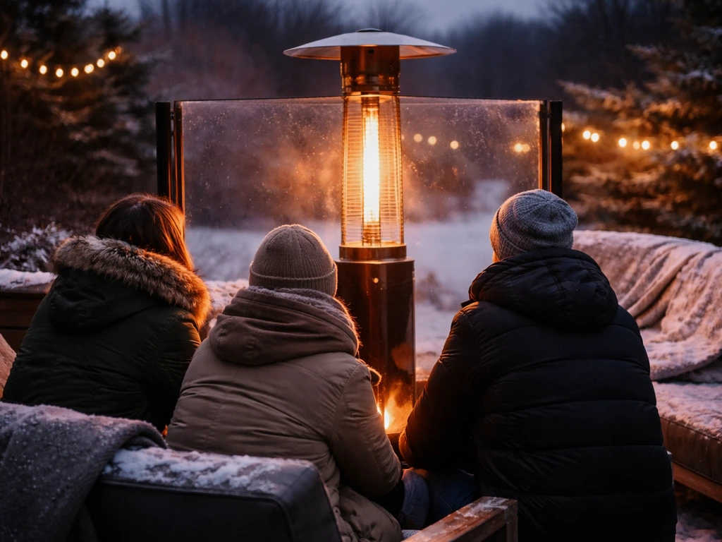 Cozy winter patio with a correctly placed heater, wind shield, and seated guests in cold air and light snow.