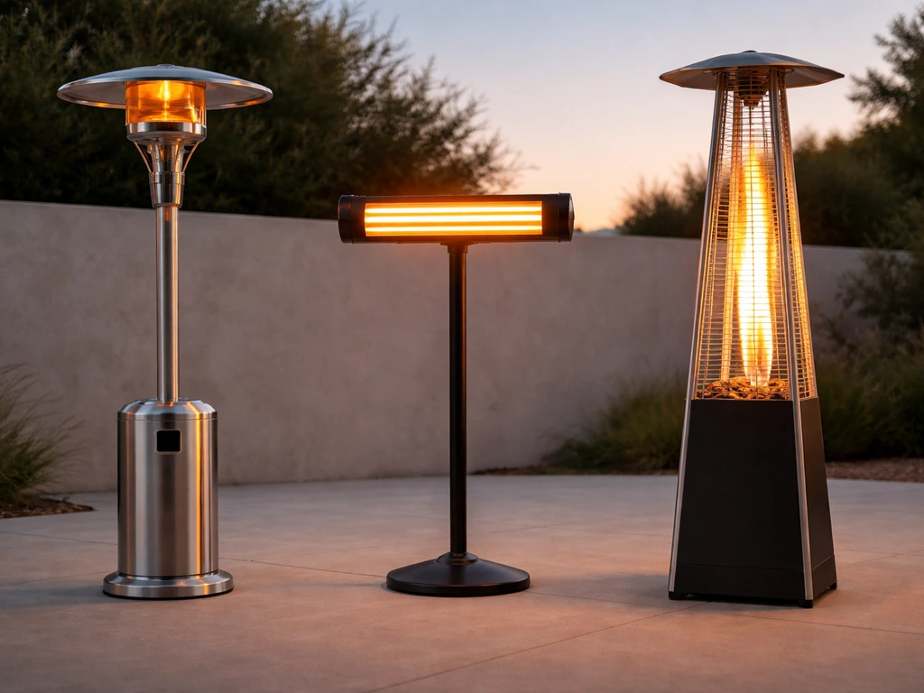 Three patio heater types side-by-side showing their heat emitters in a simple outdoor setting.