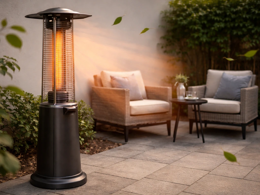 Patio heater angled toward outdoor chairs with leaves blowing from the side to show wind-proof placement.