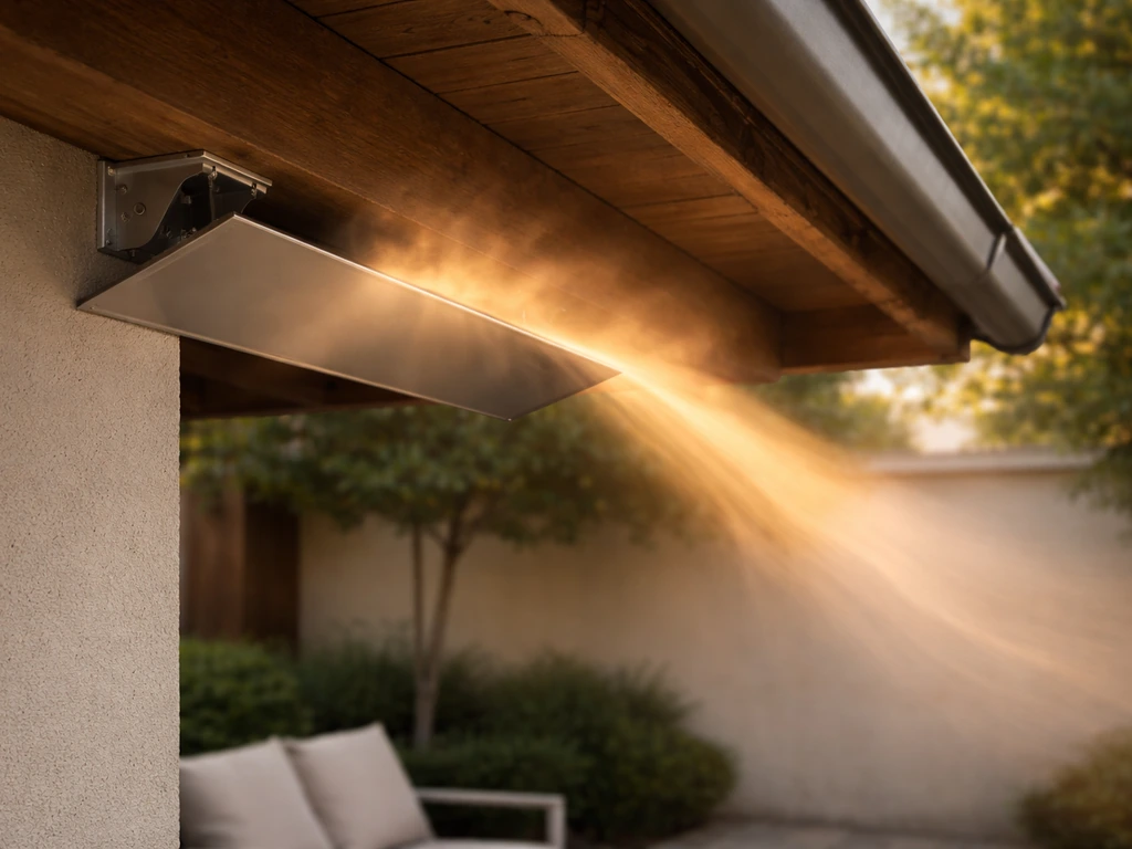 Heat deflector plate under a pergola eave redirecting warm airflow over a patio in daylight.