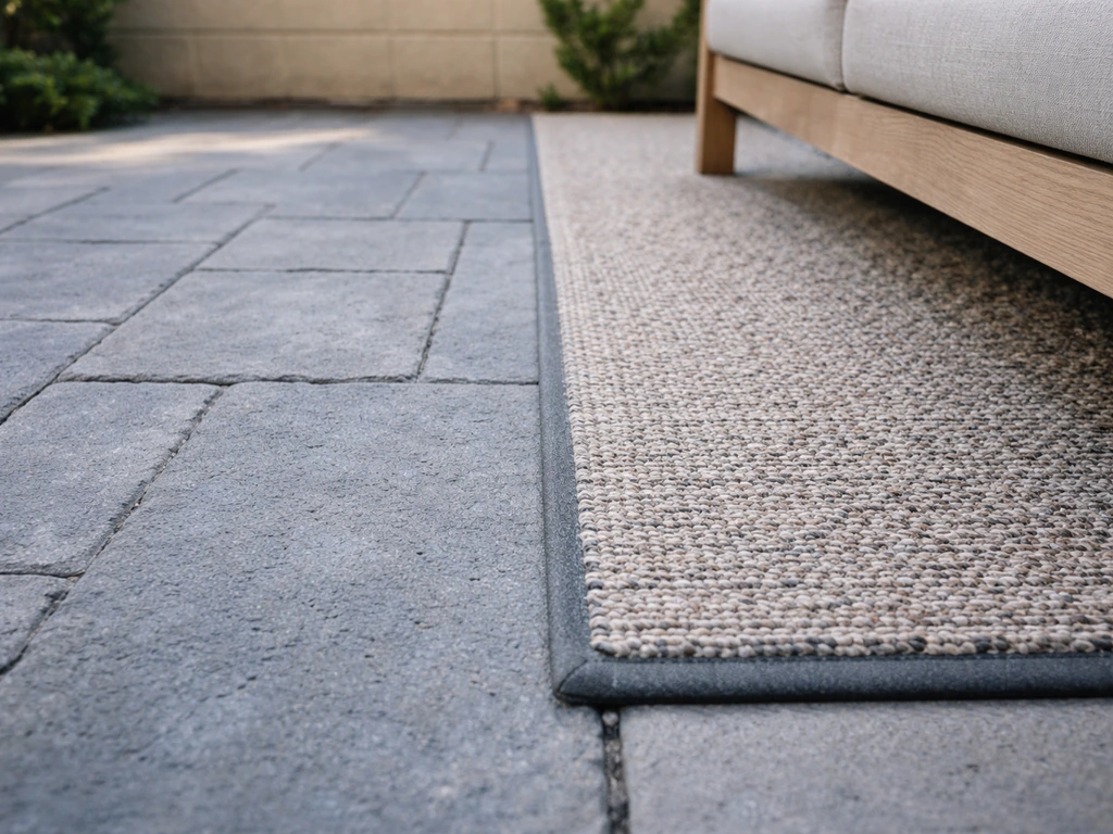 Thick outdoor rug with rubber backing under a seat on stone pavers, contrasting with bare cold pavers.