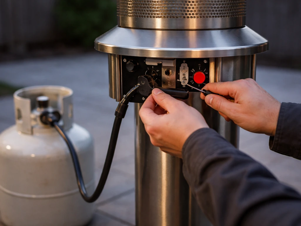 Technician hands inspect a patio propane heater’s ignition controls with a propane tank nearby outdoors.