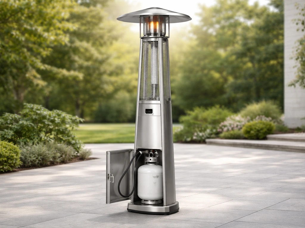 Fully assembled tower patio heater outdoors with propane tank connected and reflector/hood visible.