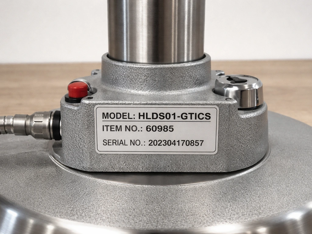 Close-up of an East Oak heater’s base pole/regulator label area with the model label readable.