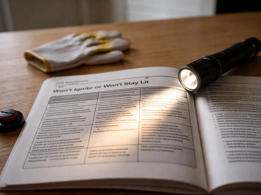 Open heater manual under a flashlight beam, flashlight highlighting a troubleshooting section for ignition and staying l