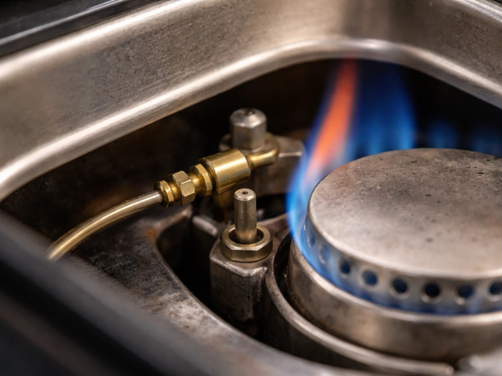 Close-up of a gas burner with a thermocouple probe near the flame, showing where failures occur.