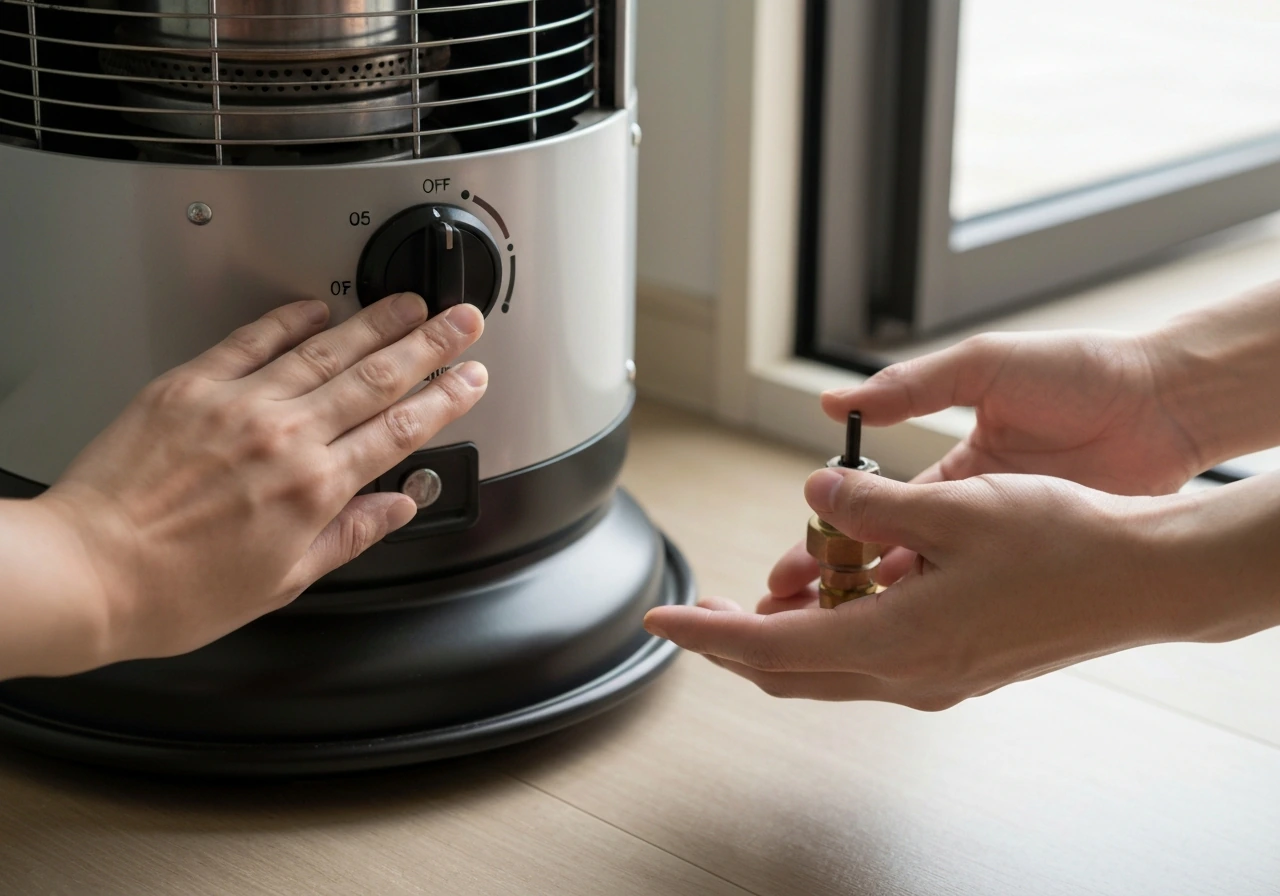 Close-up of propane heater knob set to OFF and a closed tank valve with an open window for ventilation.