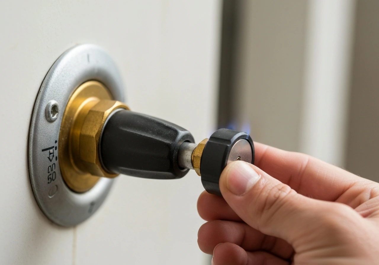 Close-up of a hand holding a gas control knob fully depressed while a small pilot flame burns.