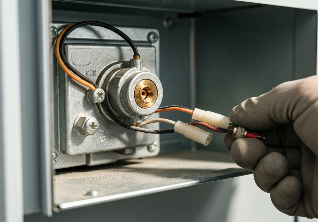 Close-up of a gas control valve and thermocouple wiring connections on a furnace, showing inspection details.
