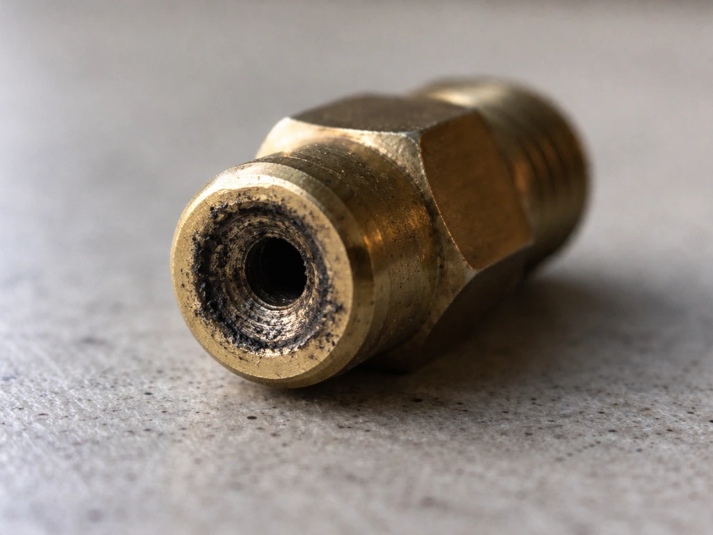 Closeup of a small brass pilot fitting with visible dust and carbon debris before cleaning.
