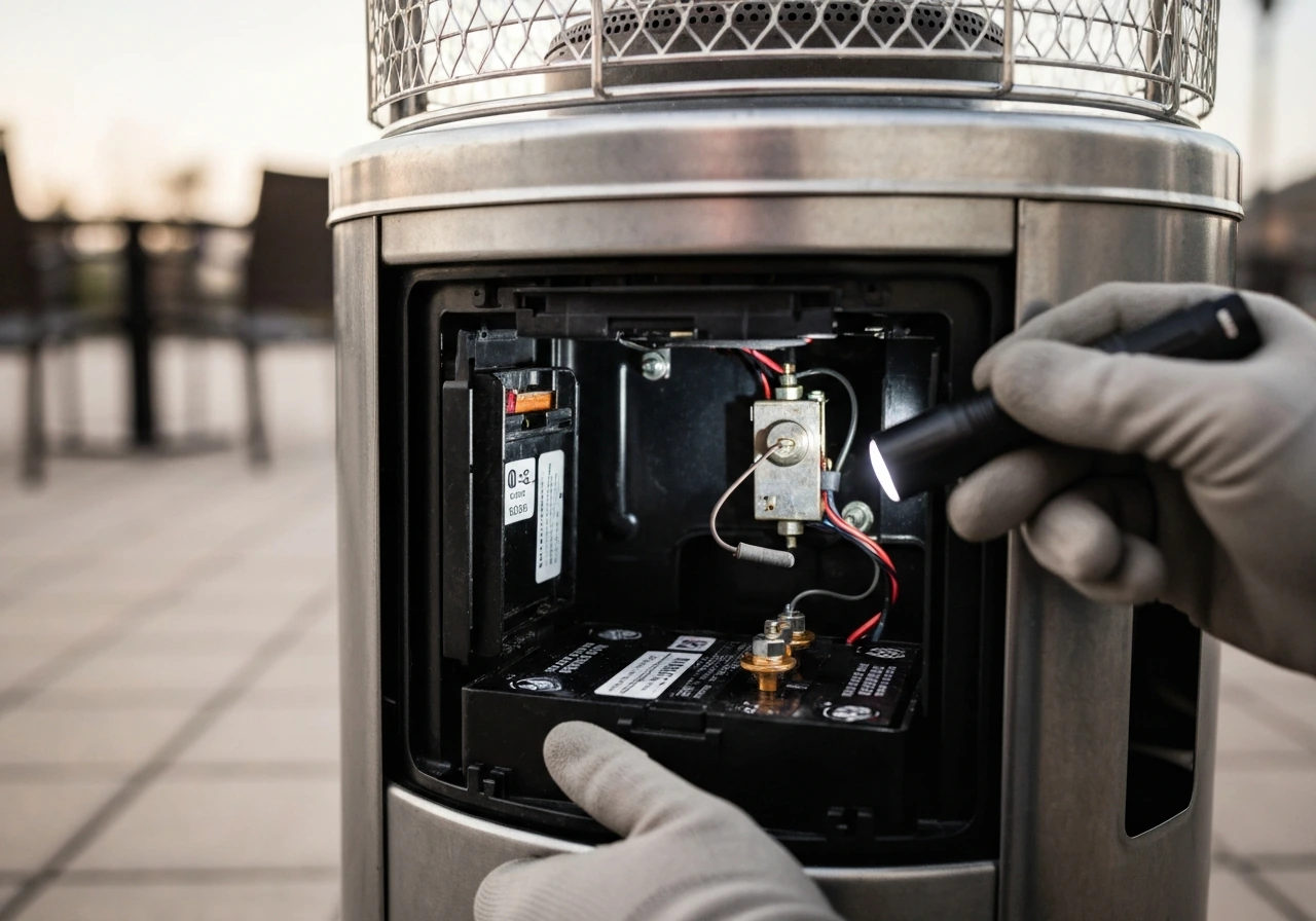 Technician’s gloved hands inspecting a patio heater’s battery compartment and ignition area