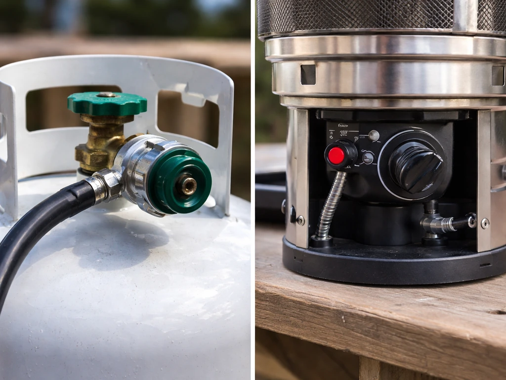 Side-by-side close-up of a propane hose/regulator connection and a patio heater burner control area.