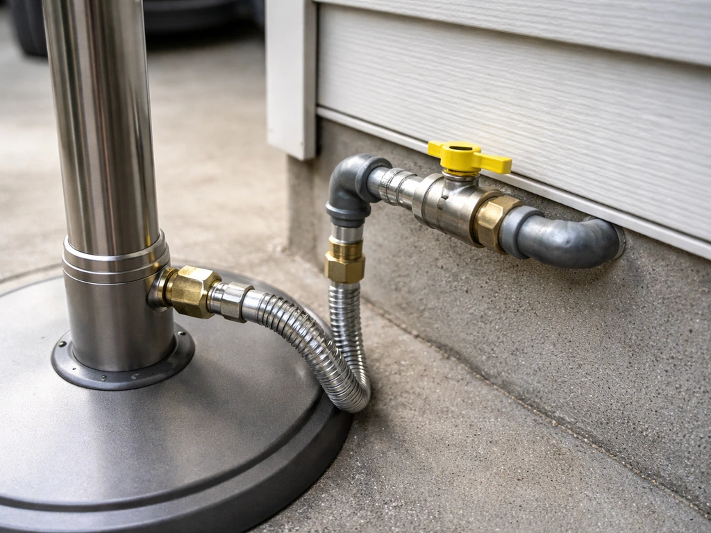 Close-up of fixed piping connecting a natural gas patio heater to a home gas line.