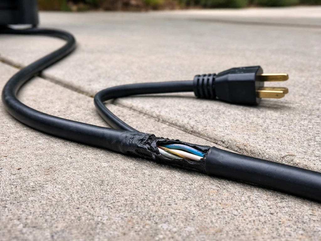 Close-up of an electric patio heater power cord with frayed and cut insulation on a concrete patio.