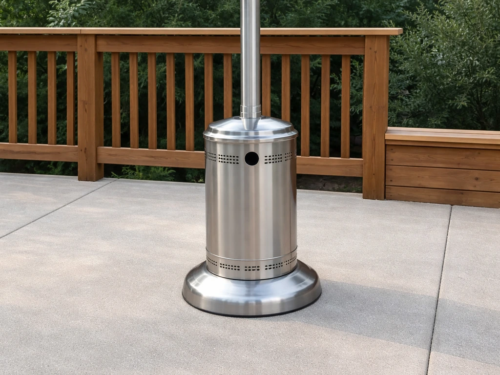 Freestanding patio heater safely placed on a flat concrete surface with space from nearby wood.