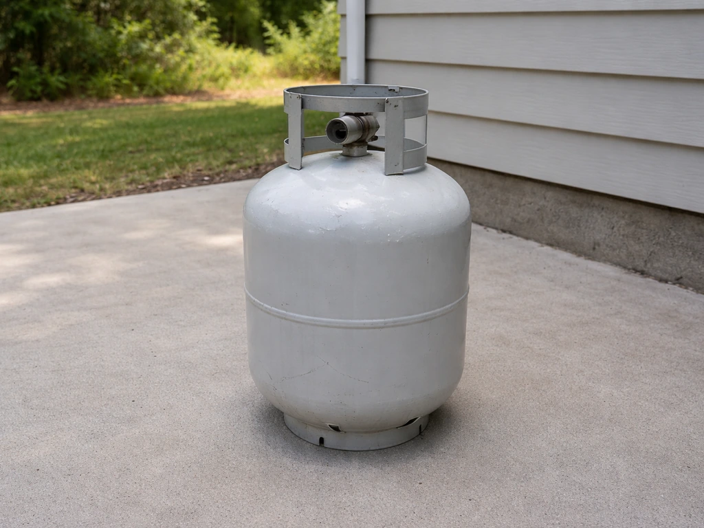 Propane cylinder outdoors on a ventilated patio, valve capped and separated from any heat or ignition sources.
