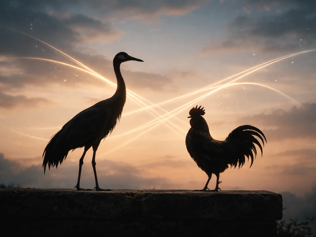 Crane and rooster silhouettes against a dusk sky with faint winged-messenger atmosphere, evoking Hermes symbolism.