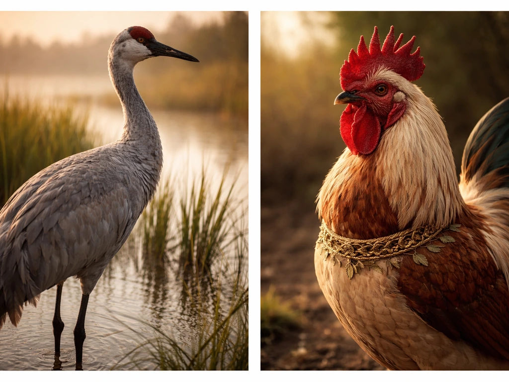 Side-by-side close-ups of a crane in wetland reeds and an ancient Greek-inspired rooster.